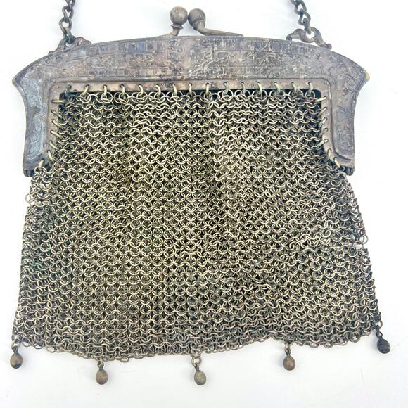 Antique Genuine German Silver Mesh Purse 5" x 5" with 8.5" Strap Drop - Picture 4 of 12